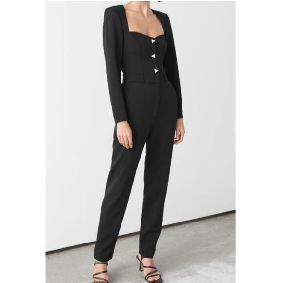 & Other Stories Black Jumpsuit W Retro Triangle Diamond Studded Buttons Size 0 - Picture 8 of 11